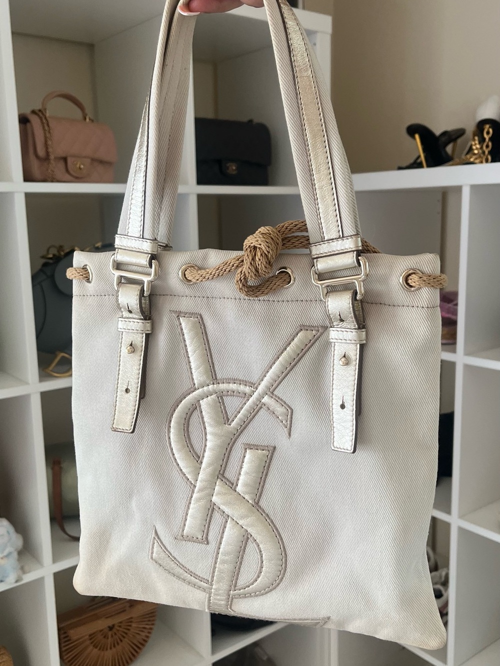 Saint Laurent Cream Canvas YSL Embroidered Shoulder Tote